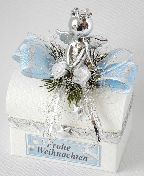 Geschenkschachtel Weihnachten: Engel Deko silber/hellblau