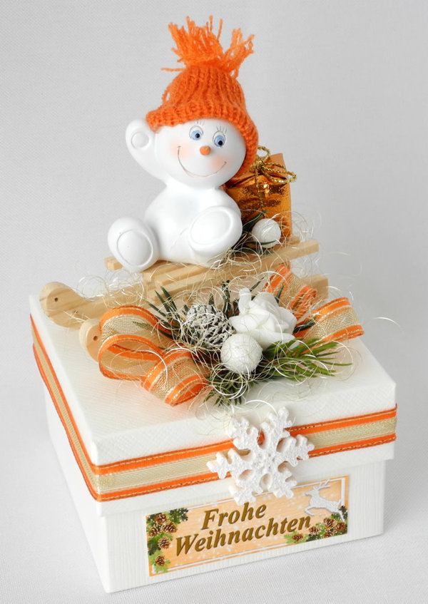 Geschenkschachtel Weihnachten: Schneemann Deko orange KW8.1