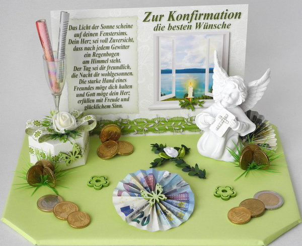 Geldgeschenk Konfirmation: Engel Deko grün/weiß Kon47.4