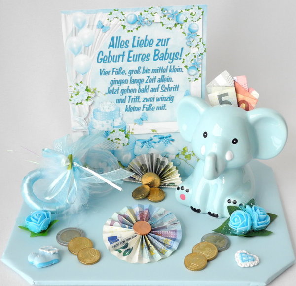 Geldgeschenk zur Geburt - Spardose Elefant - Deko blau Ba14.3