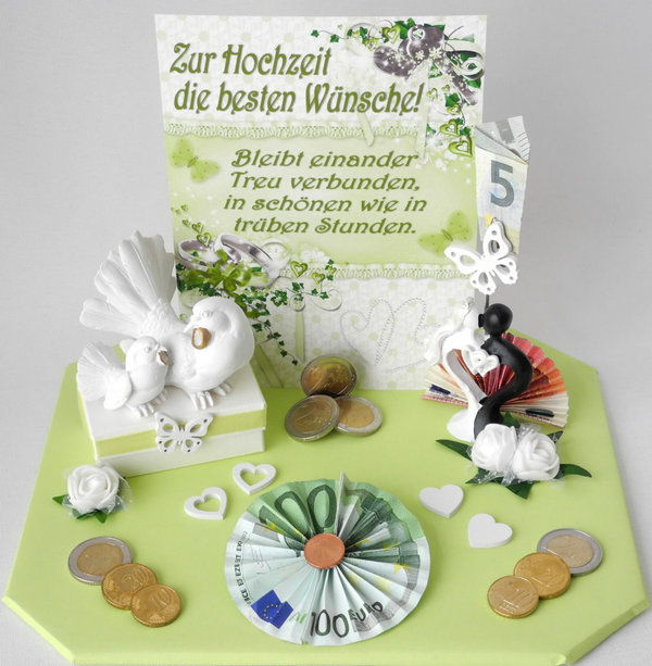 ♥ Geldgeschenk Hochzeit ♥ Geschenkschachtel Tauben grün/weiß H3.2