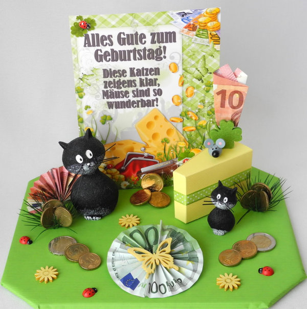 Geldgeschenk Geburtstag ☘ Katzen - Mäuse sind so wunderbar ☘ grün/gelb G12.1